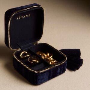 Sézane Navy Blue Embossed Velvet Jewelry Case